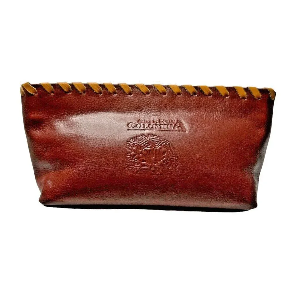 Arte Kuna Colombia 100% Leather Zippered Makeup Bag with 4 Square Mola‎ Design